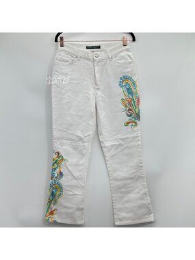 Ralph Lauren White Jeans with Colorful Paisley Print Flare Fit Denim Jeans Size